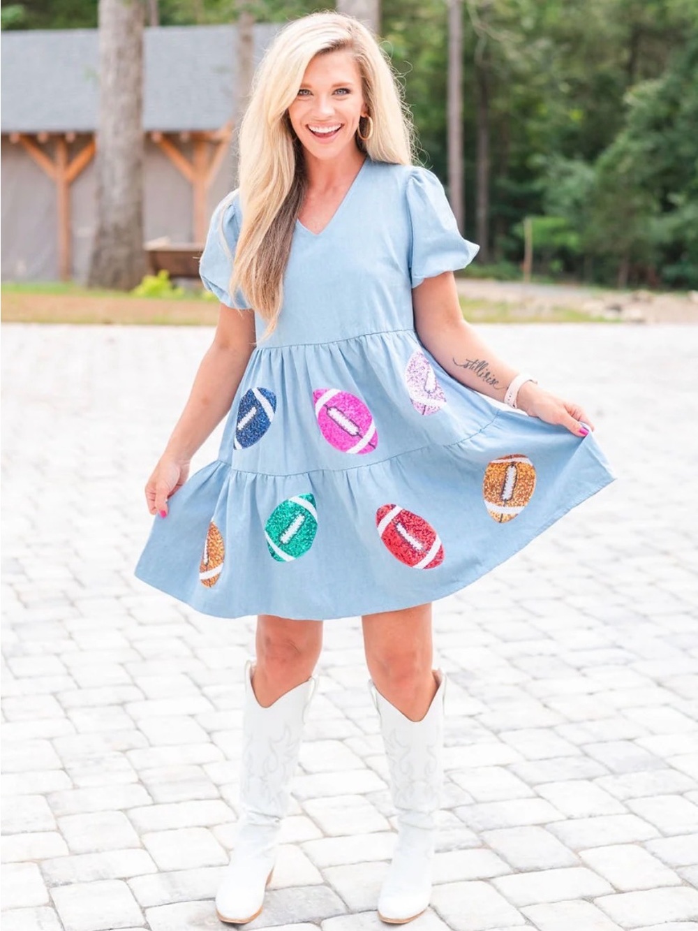 Peach Love California Light Blue Tiered Dress with Multicolor Sequin Footballs